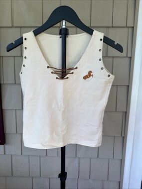 Cream Lace-Up V-Neck Tank Top with Embroidered Accent